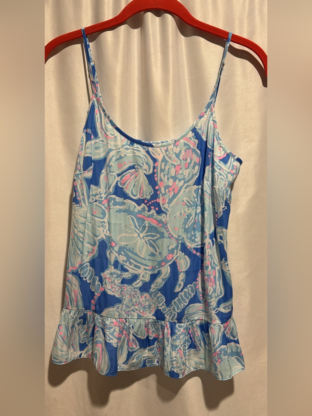 Lilly Pulitzer Blue Aqua Pink Shell-Print Ruffle-Hem Camisole